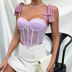 Purple Lace Bow Shoulder Strap Fishbone Crop Top image 3