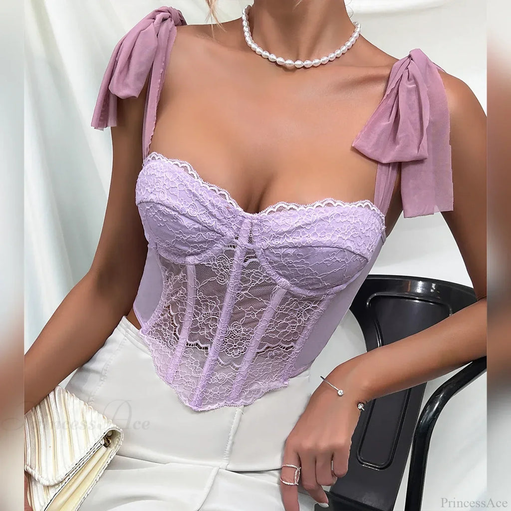 Purple Lace Bow Shoulder Strap Fishbone Crop Top image 6