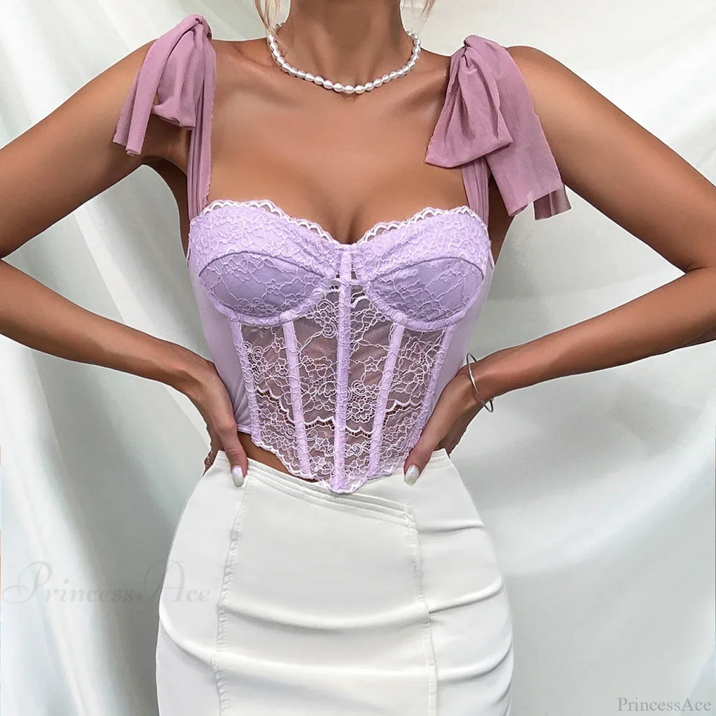Purple Lace Bow Shoulder Strap Fishbone Crop Top image 1