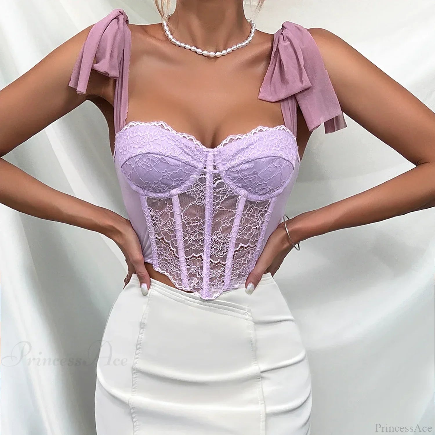 Purple Lace Bow Shoulder Strap Fishbone Crop Top image 1