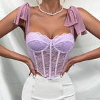 Purple Lace Bow Shoulder Strap Fishbone Crop Top image 7