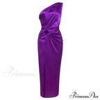 Purple One Shoulder Satin Graceful Hollow Cut Maxi Dress image 7