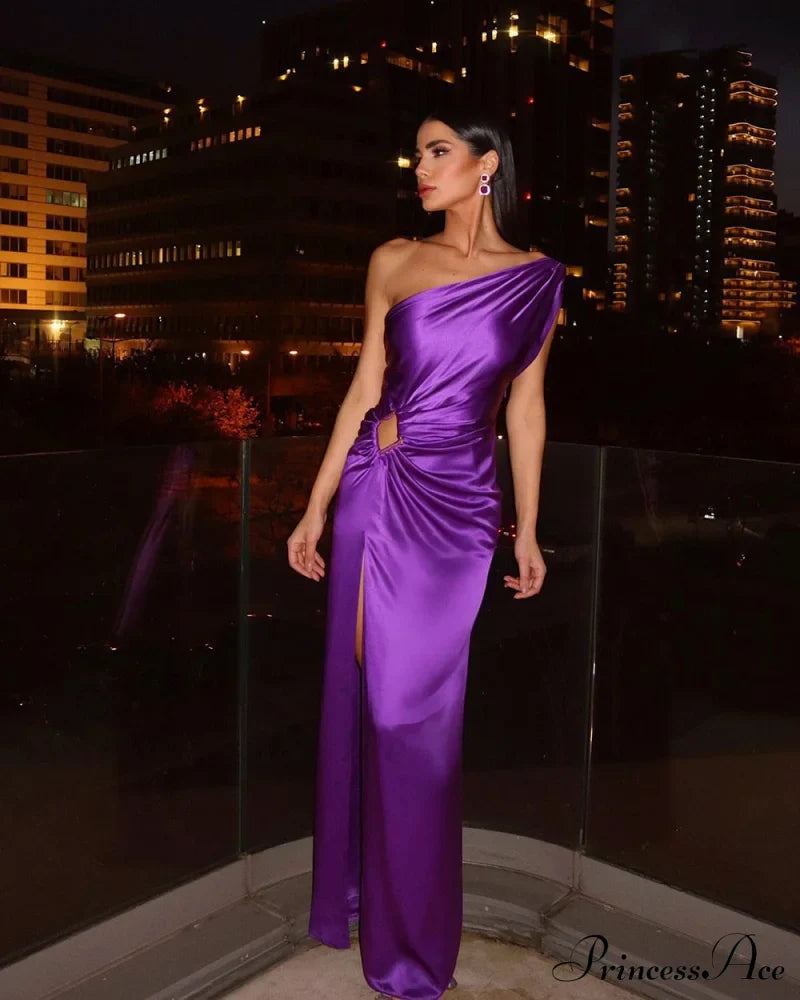 Purple One Shoulder Satin Graceful Hollow Cut Maxi Dress image 2