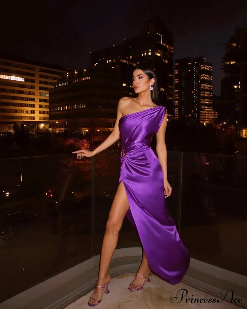 Purple One Shoulder Satin Graceful Hollow Cut Maxi Dress image 4