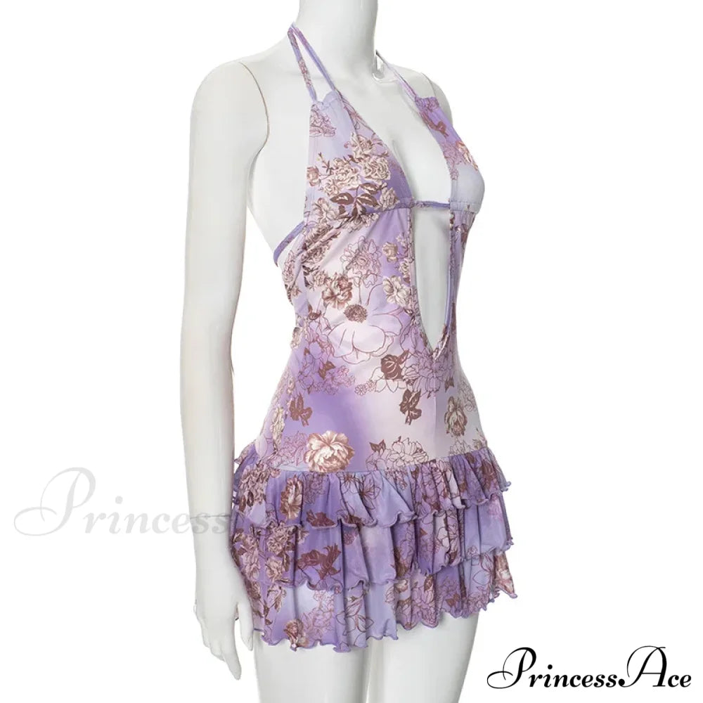 Purple Printed Deep Neck Graceful Frill Mini Strap Dress image 10