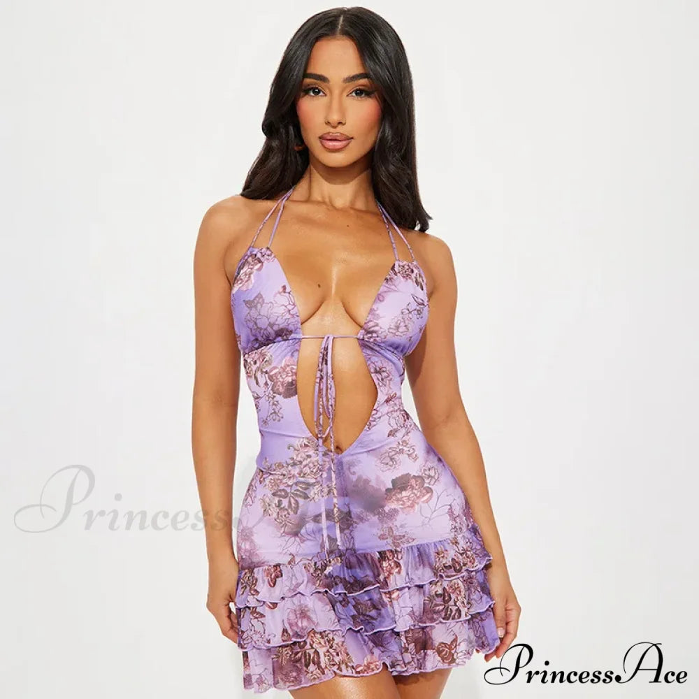 Purple Printed Deep Neck Graceful Frill Mini Strap Dress image 8
