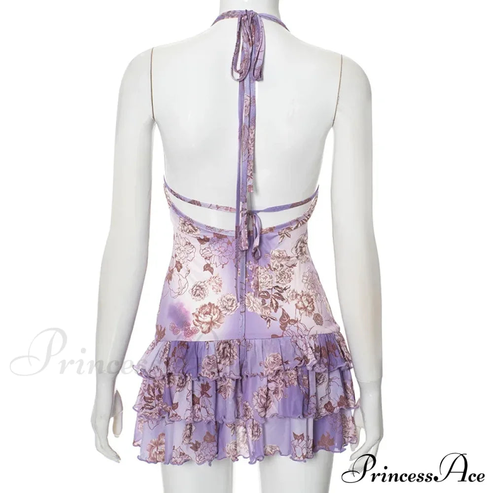 Purple Printed Deep Neck Graceful Frill Mini Strap Dress image 11