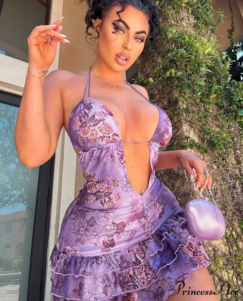Purple Printed Deep Neck Graceful Frill Mini Strap Dress image 2
