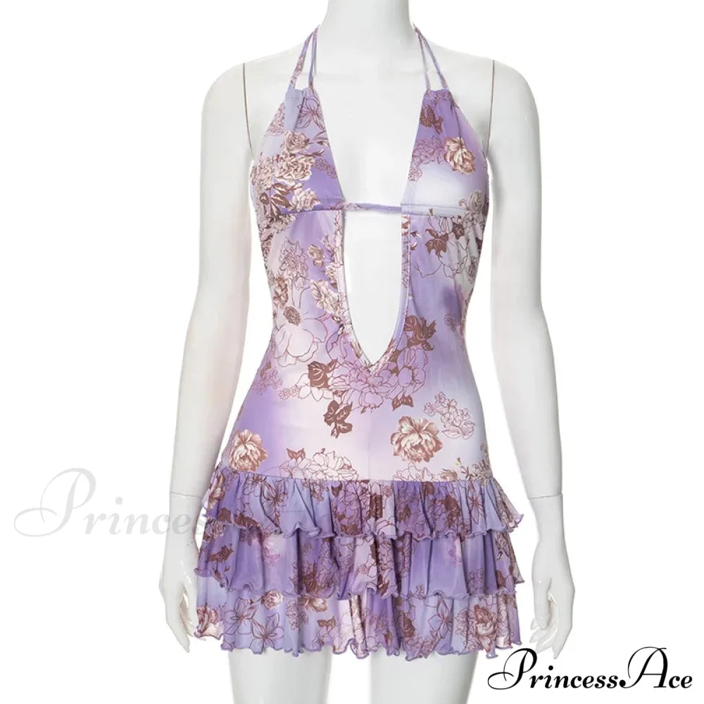Purple Printed Deep Neck Graceful Frill Mini Strap Dress image 9