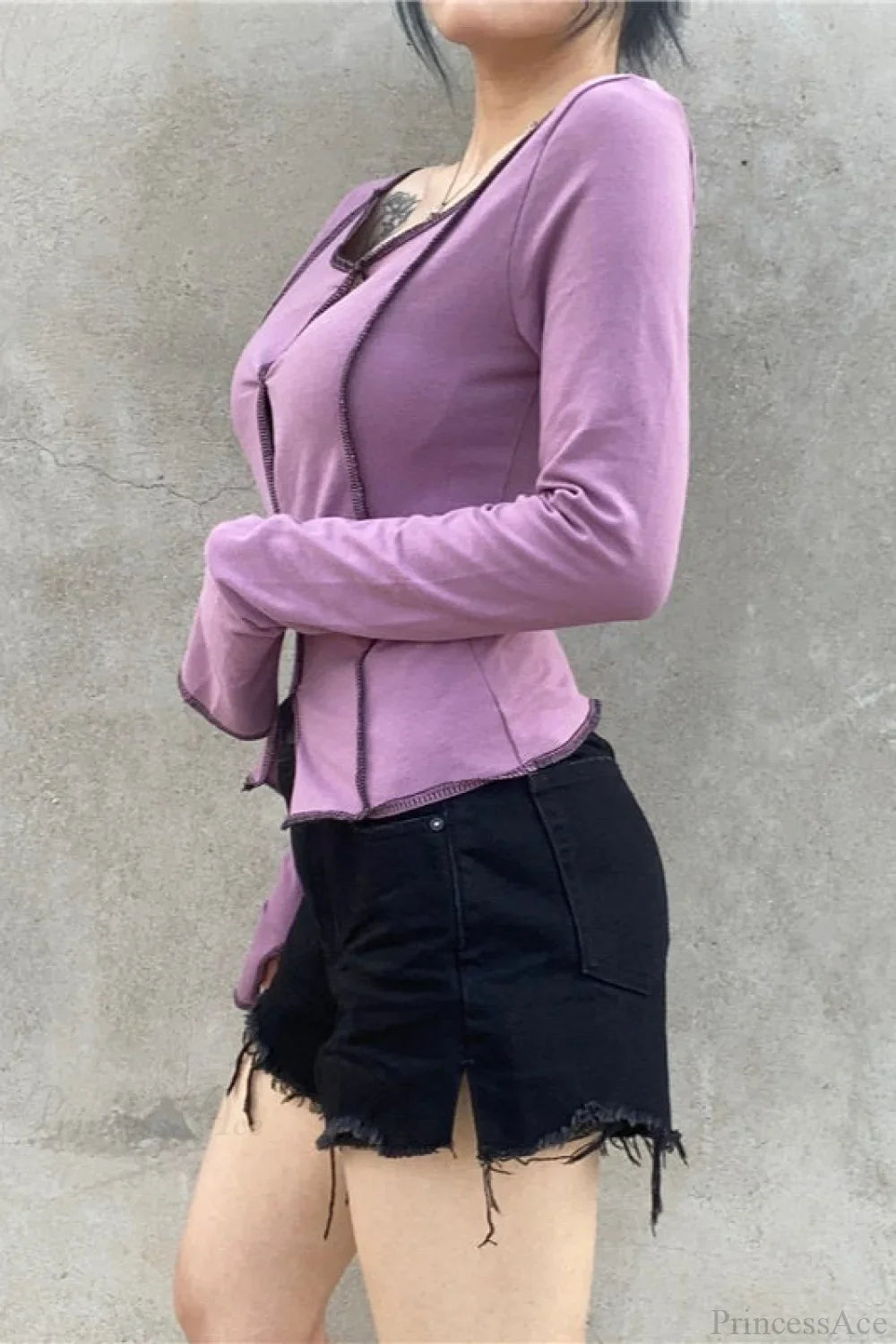 Purple Sexy Color Block Cutout Crew Neck Long Sleeve Tee image 4