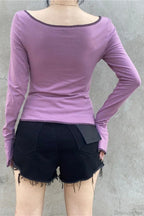 Purple Sexy Color Block Cutout Crew Neck Long Sleeve Tee image 5