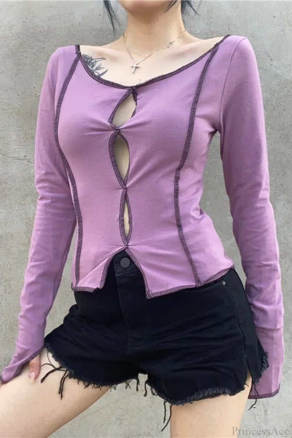 Purple Sexy Color Block Cutout Crew Neck Long Sleeve Tee image 1