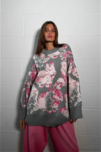 Rabbit Pattern Loose Lazy Colorblock Sweater image 3