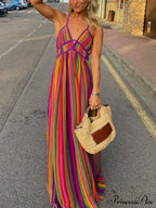 Rainbow Stripe Print Charming V-Neck Maxi Dress image 3