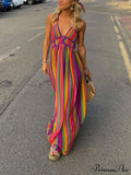 Rainbow Stripe Print Charming V-Neck Maxi Dress image 1