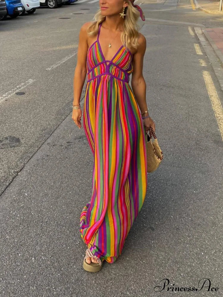 Rainbow Stripe Print Charming V-Neck Maxi Dress image 1