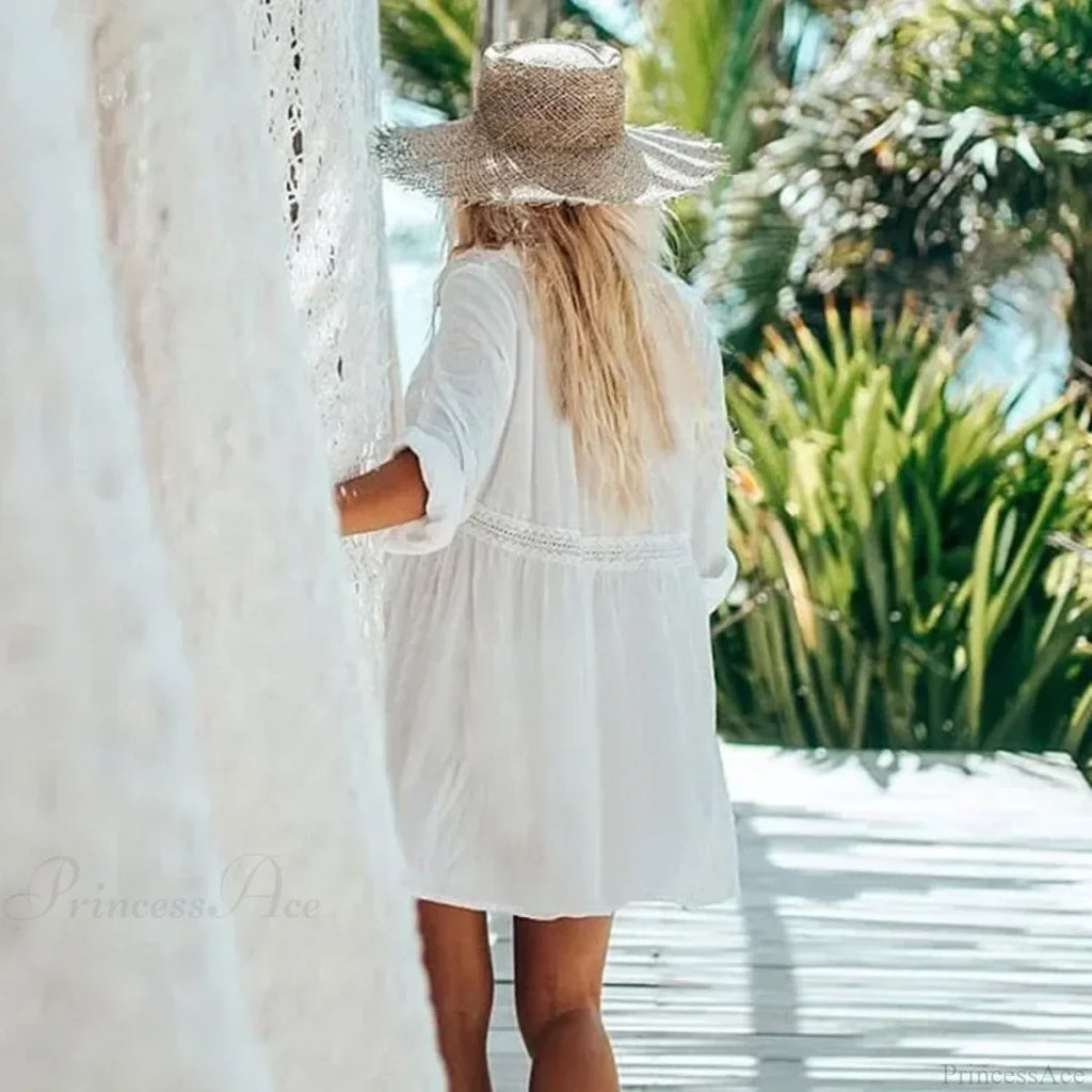 Rayon Lace Loose Boho White Mini Dress image 3