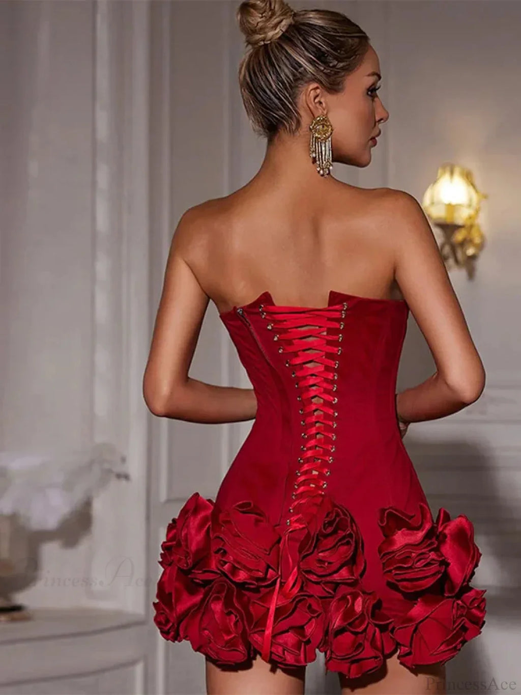 Red Fishbone Bandage 3D Flower Mini Party Dress image 2