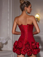 Red Fishbone Bandage 3D Flower Mini Party Dress image 2