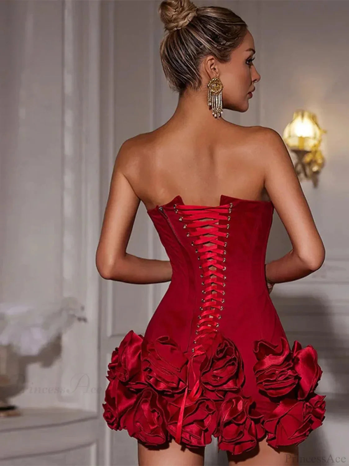 Red Fishbone Bandage 3D Flower Mini Party Dress image 2