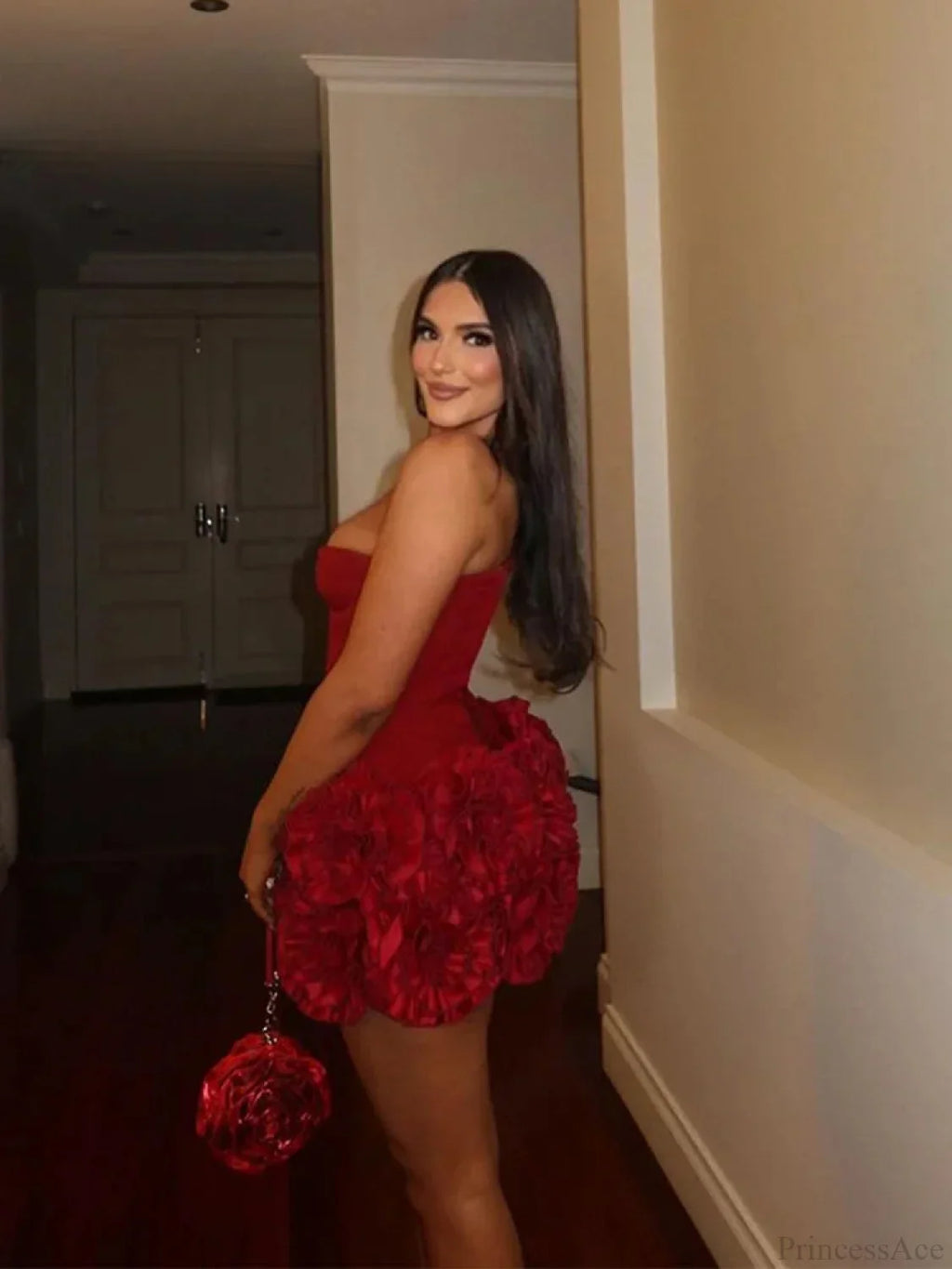 Red Fishbone Bandage 3D Flower Mini Party Dress image 5