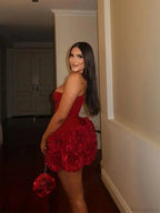 Red Fishbone Bandage 3D Flower Mini Party Dress image 5