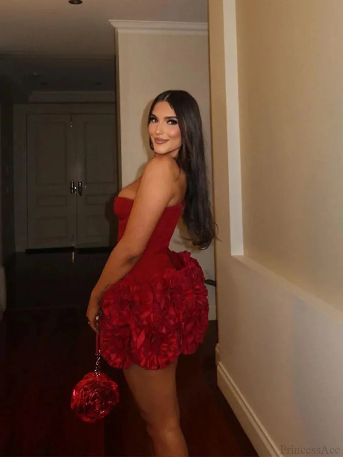 Red Fishbone Bandage 3D Flower Mini Party Dress image 5