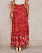 Red Floral Print Beach Bohemian High Waist Rayon Skirt image 2