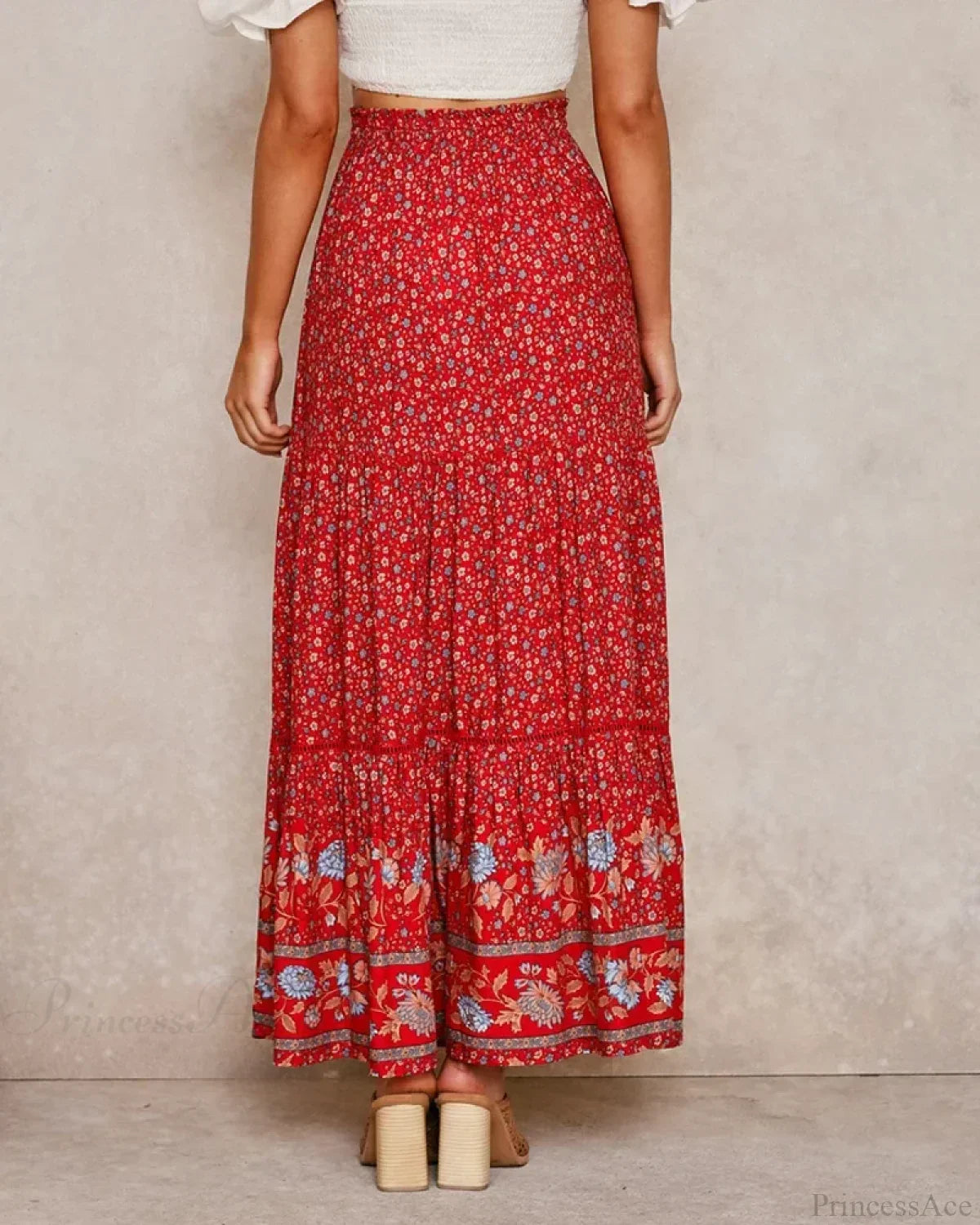 Red Floral Print Beach Bohemian High Waist Rayon Skirt image 2