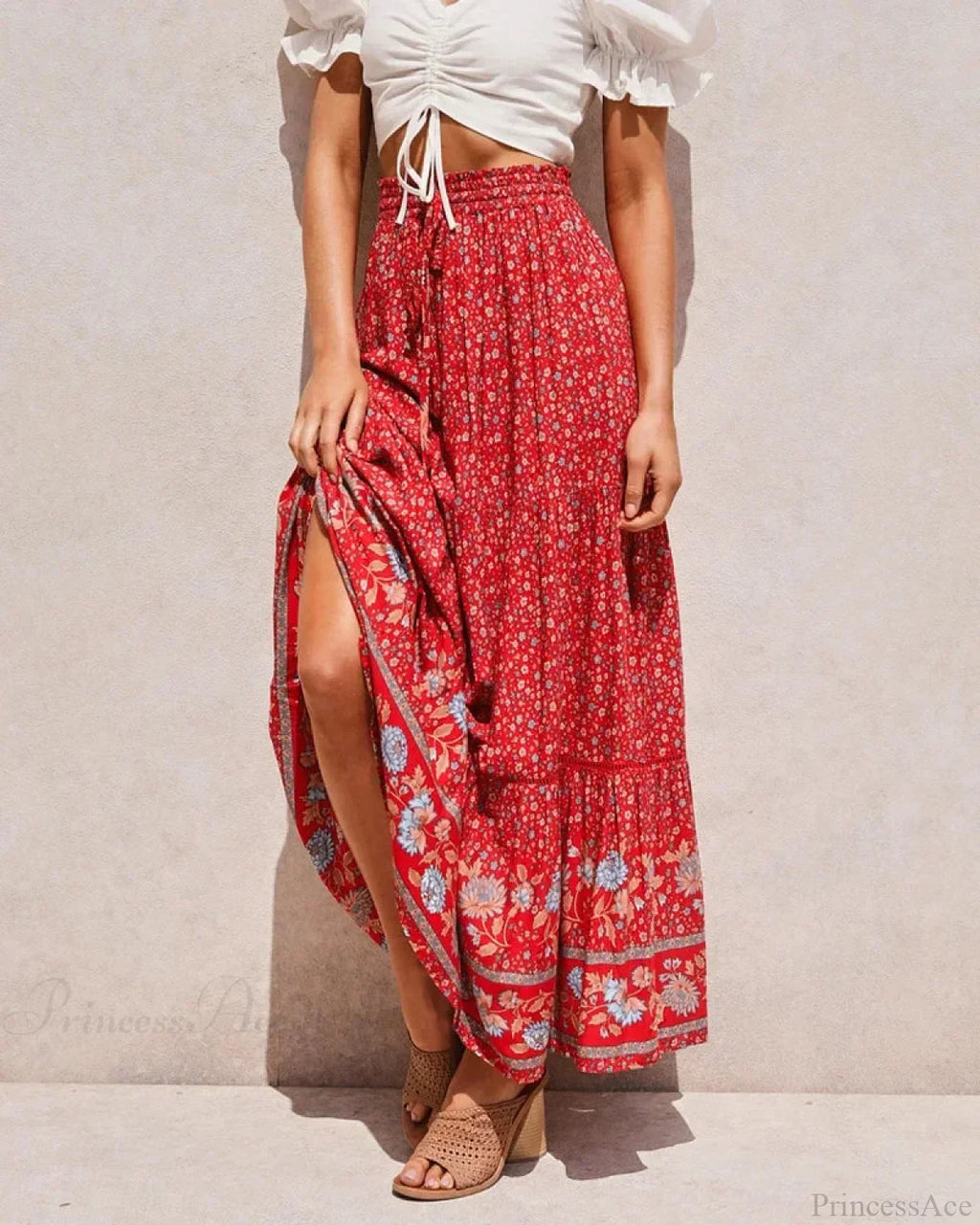Red Floral Print Beach Bohemian High Waist Rayon Skirt image 1