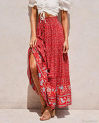 Red Floral Print Beach Bohemian High Waist Rayon Skirt image 1