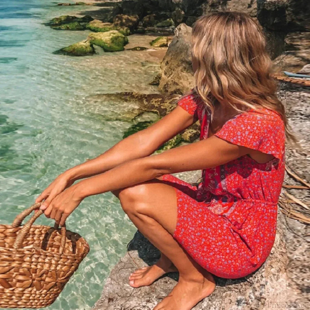 Red Floral Print Boho Mini Dress image 2