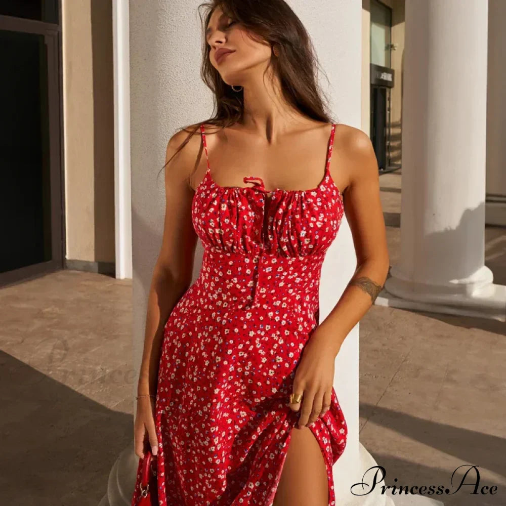 Red Floral Print Charming Strap Split Midi Dress image 2