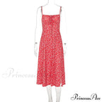 Red Floral Print Charming Strap Split Midi Dress image 7