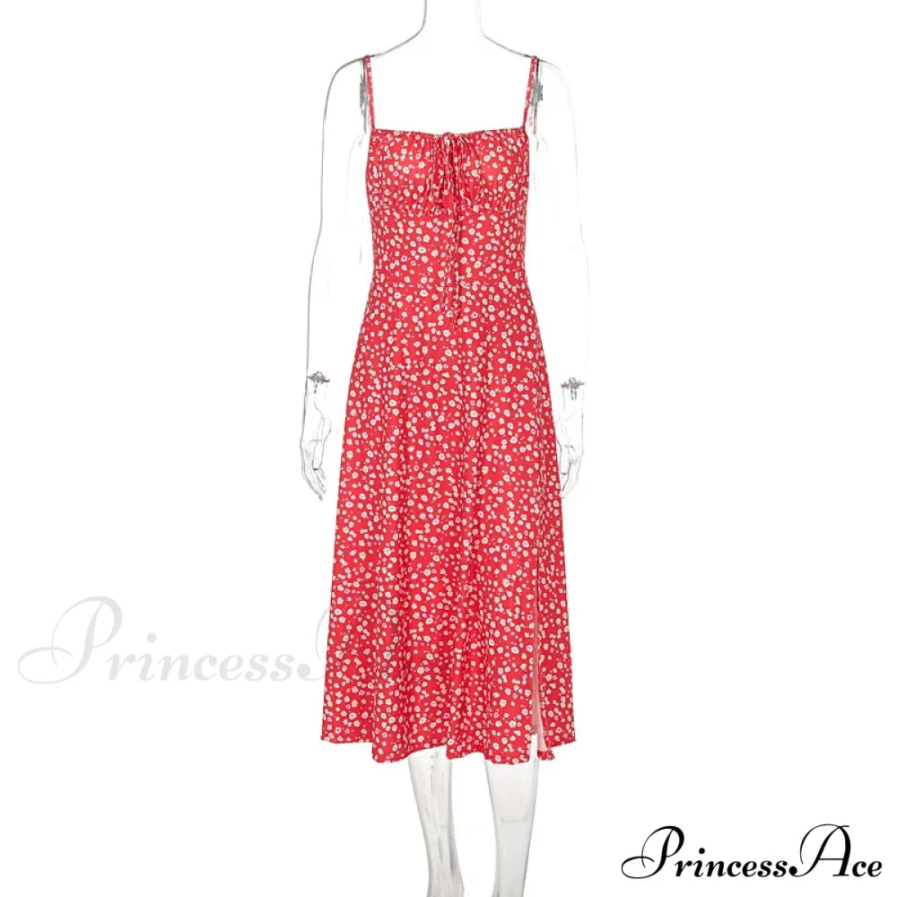 Red Floral Print Charming Strap Split Midi Dress image 7