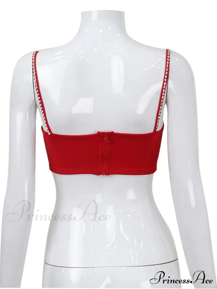 Red Heart Cut Out Graceful Rhinestone Strap Crop Top image 7