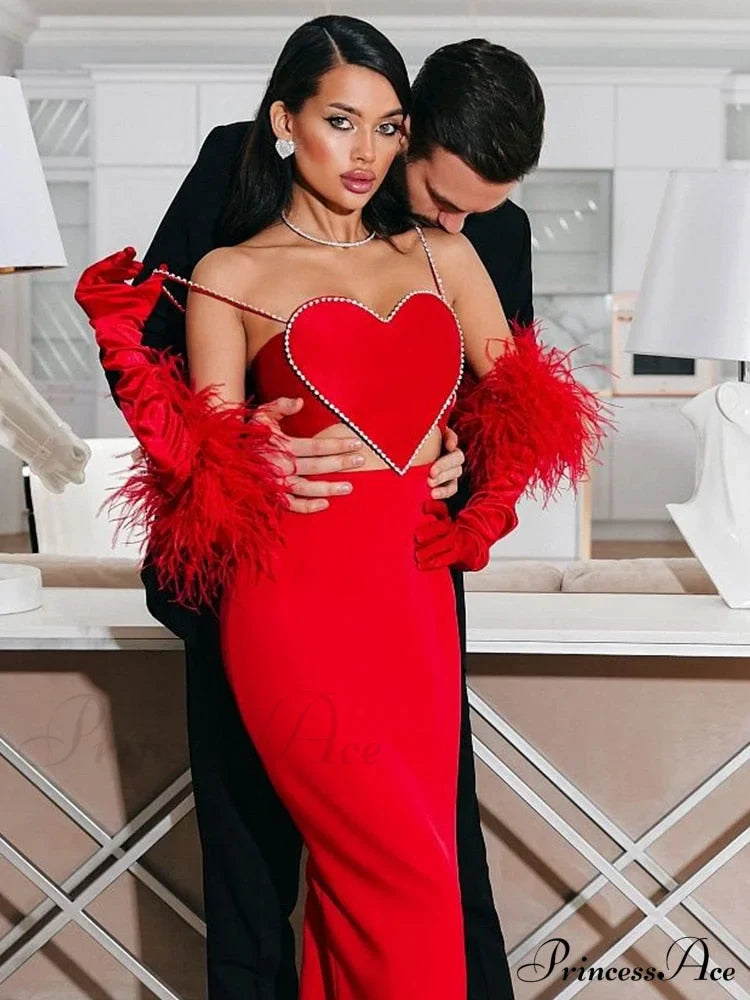 Red Heart Cut Out Graceful Rhinestone Strap Crop Top image 2