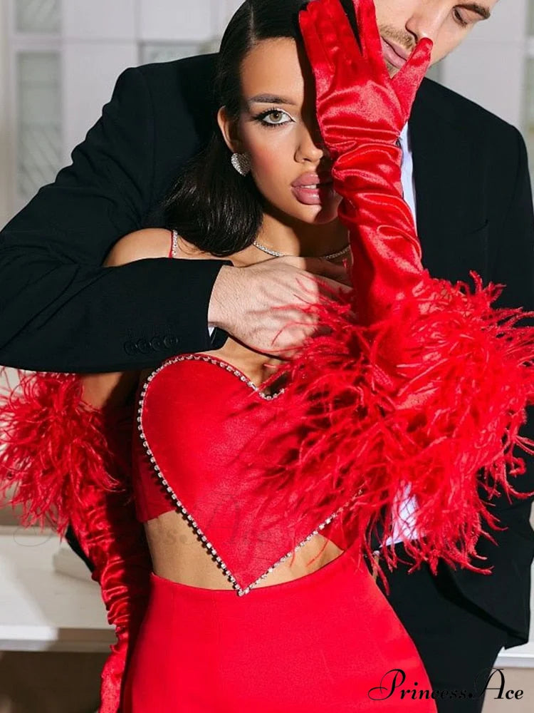 Red Heart Cut Out Graceful Rhinestone Strap Crop Top image 4