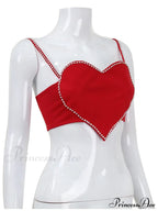 Red Heart Cut Out Graceful Rhinestone Strap Crop Top image 6