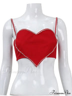 Red Heart Cut Out Graceful Rhinestone Strap Crop Top image 5