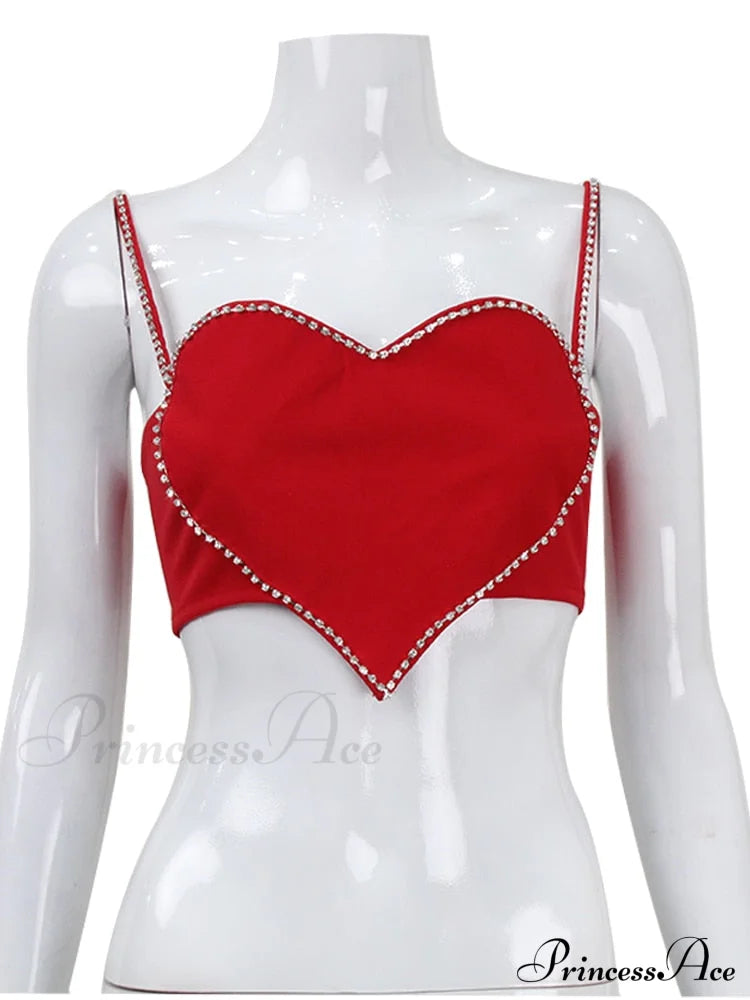 Red Heart Cut Out Graceful Rhinestone Strap Crop Top image 5