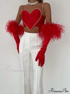 Red Heart Cut Out Graceful Rhinestone Strap Crop Top image 1