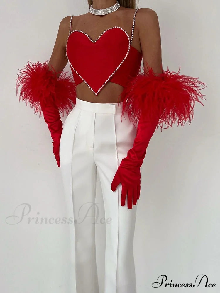 Red Heart Cut Out Graceful Rhinestone Strap Crop Top image 1