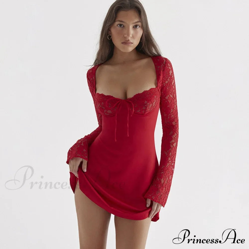 Red Lace Bustier Charming Long Sleeve Mini Dress image 3