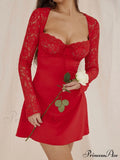 Red Lace Bustier Charming Long Sleeve Mini Dress image 1