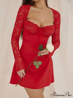 Red Lace Bustier Charming Long Sleeve Mini Dress image 1