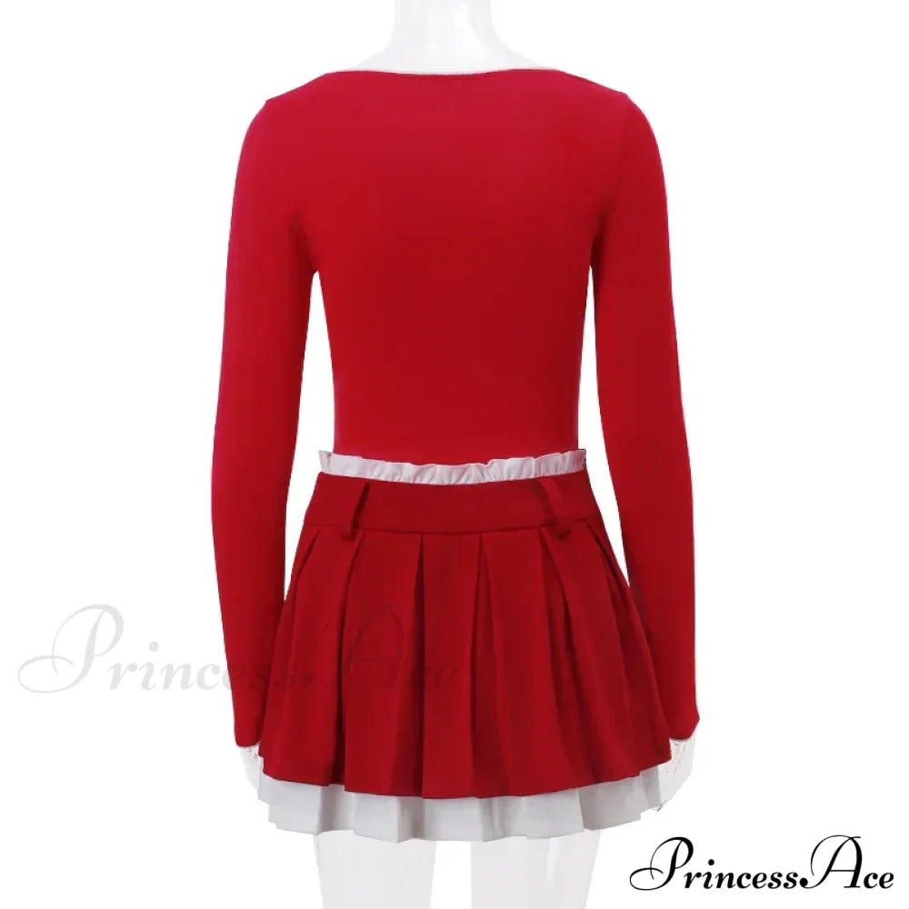 Red Long Sleeve Top Graceful And Pleated Mini Skirt Set image 8