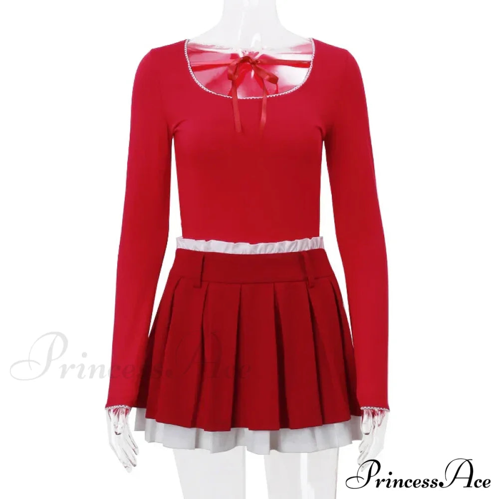 Red Long Sleeve Top Graceful And Pleated Mini Skirt Set image 6