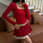 Red Long Sleeve Top Graceful And Pleated Mini Skirt Set image 1