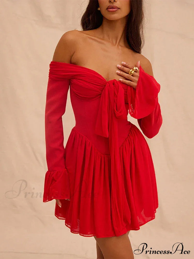 Red Off-Shoulder Stylish Frill Mini Dress image 4